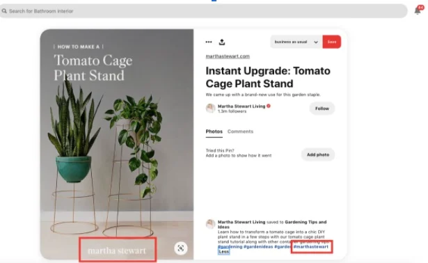 Pinterest pin example showing plant stand product with relevant hashtags for ecommerce marketing